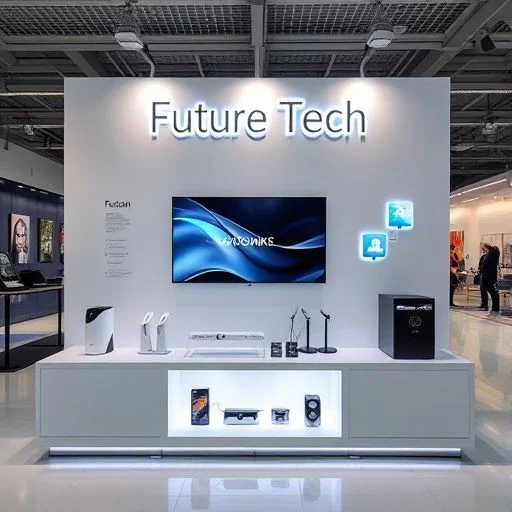 A minimalist 3D render of a sleek, translucent holographic device projecting a complex, dynamic data visualization in mid-air.